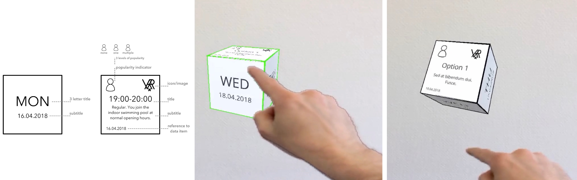 A collage of three images that visually represent the research about Augmented Reality for Public Engagement - Cube Interface.