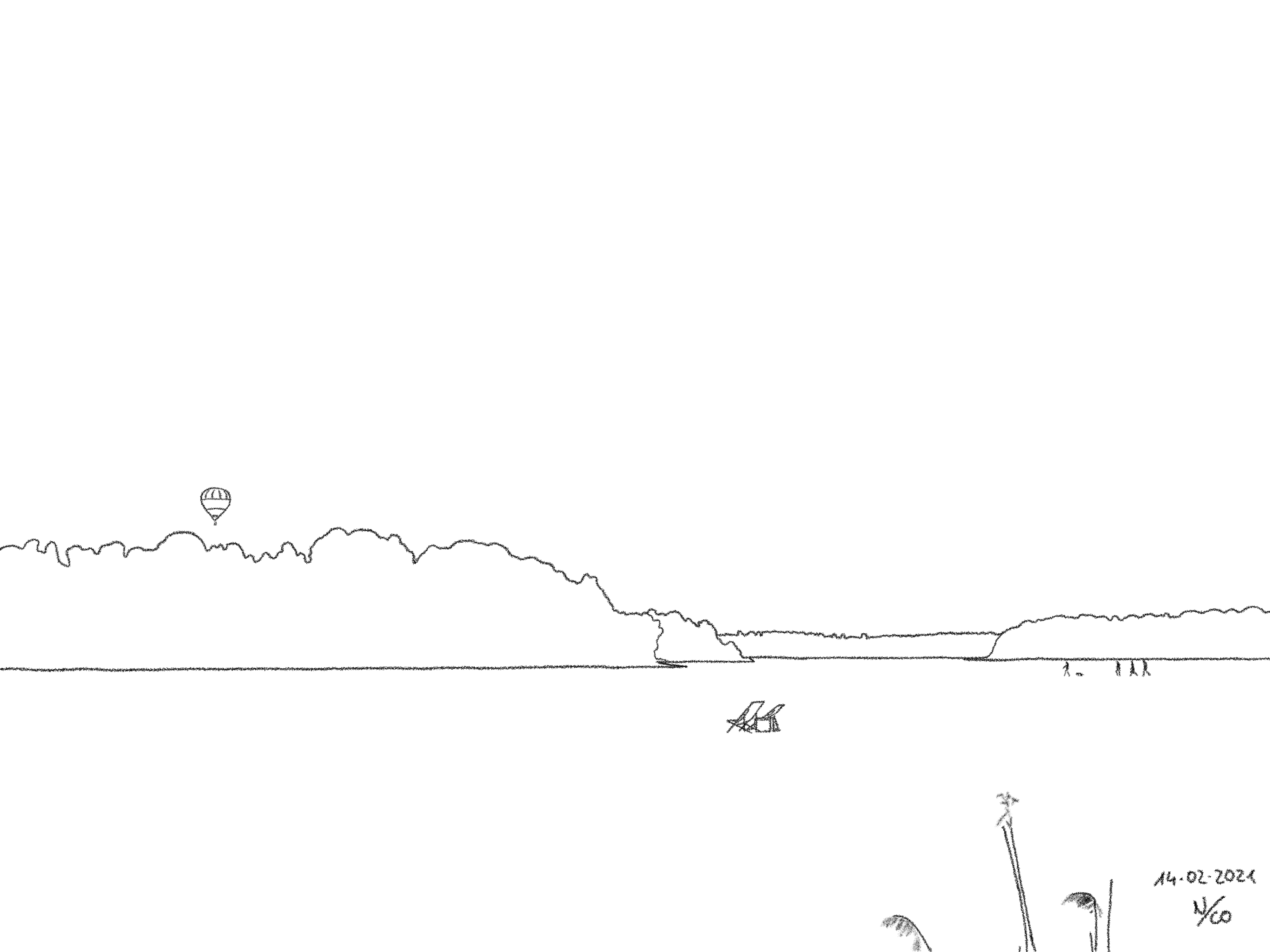 A drawing titled Winter Breeze, based on a photo taken at the lake Södra Bergundasjön in Växjö.